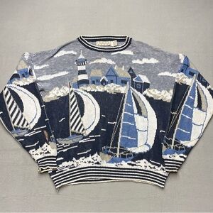 Navy blue & white striped nautical sweater with sailboats and lighthouses Large